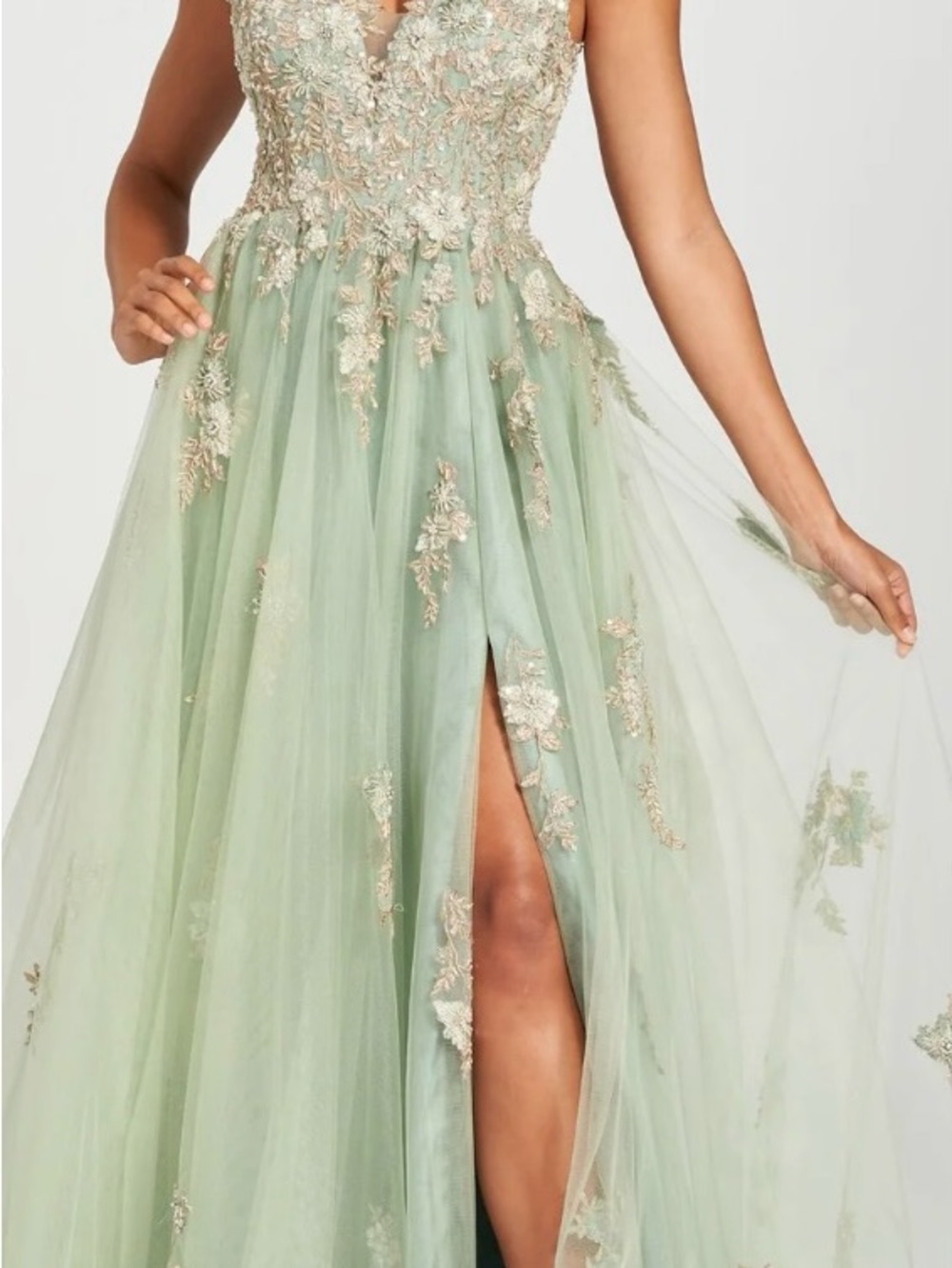 Colette Mon Cheri Green Tulle Gown with Tulle Gold Floral Appliqué Size 2